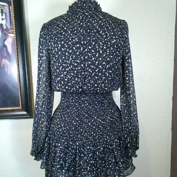 Dress AQUA Mini Ruffle Women Black Dot Metallic gold speckled Long Sleeve Small - Picture 1 of 8